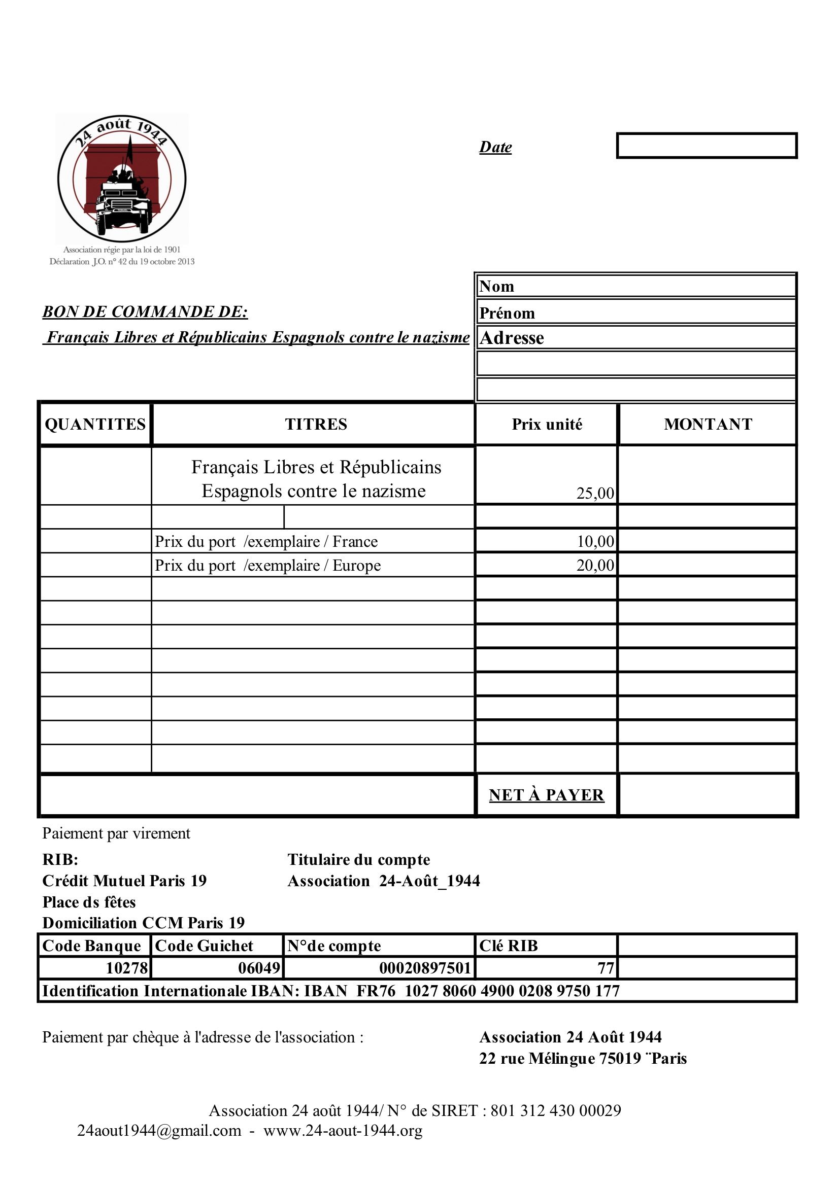 Bon de commande Français libres et républicains espagnols contre le nazisme ..