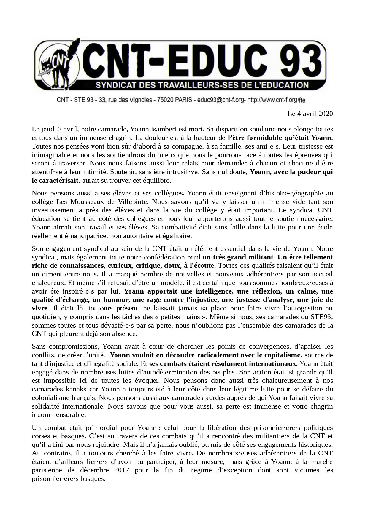 Communiqué Officiel Décès de yoann Isambert 1